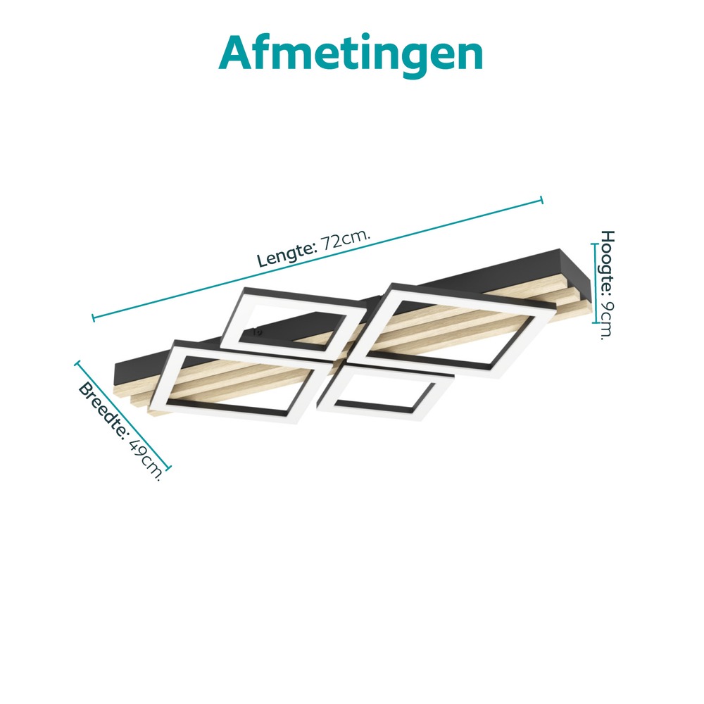 Moderne Deckenlampe Cembrano Schwarz mit Holzquadrat 72 cm Eglo 9008606388202