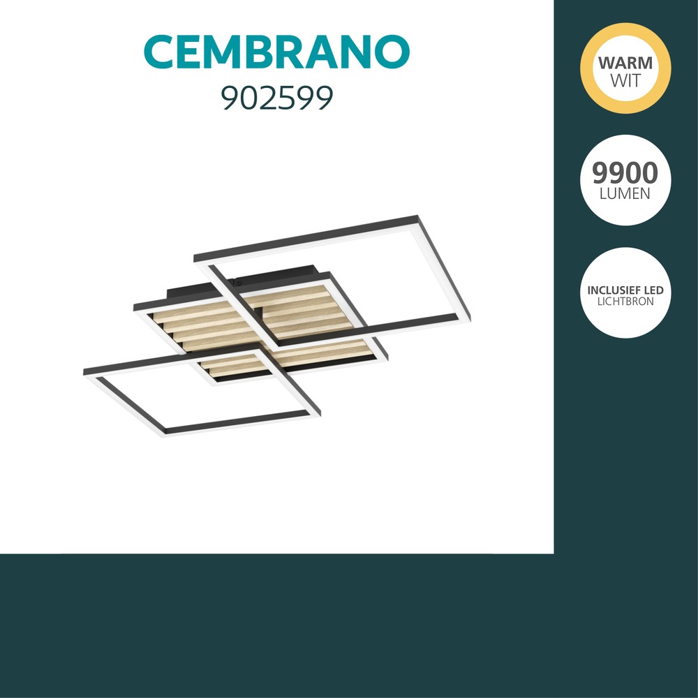 Moderne Deckenlampe Cembrano Schwarz mit Holzquadrat 92,5 cm Eglo 9008606388240