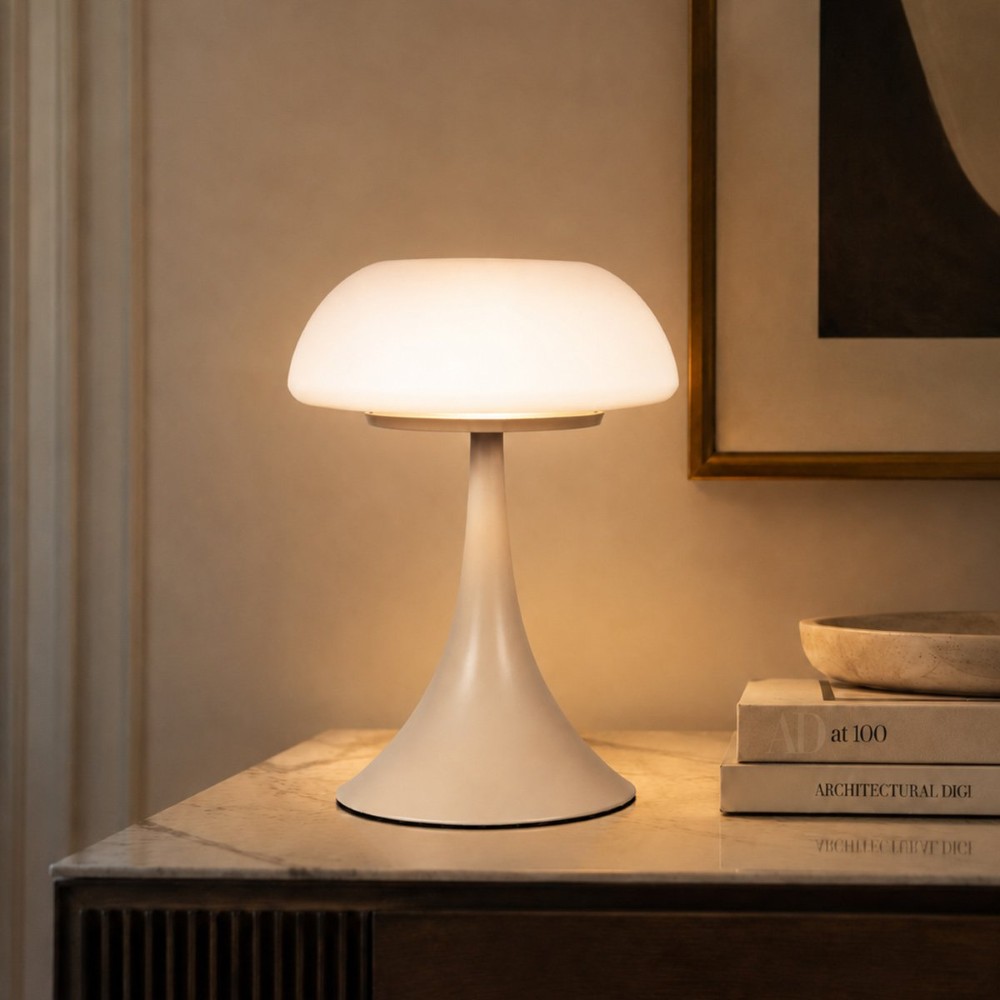 Tischlampe Ancilla Sandbraun mit weißem Glas