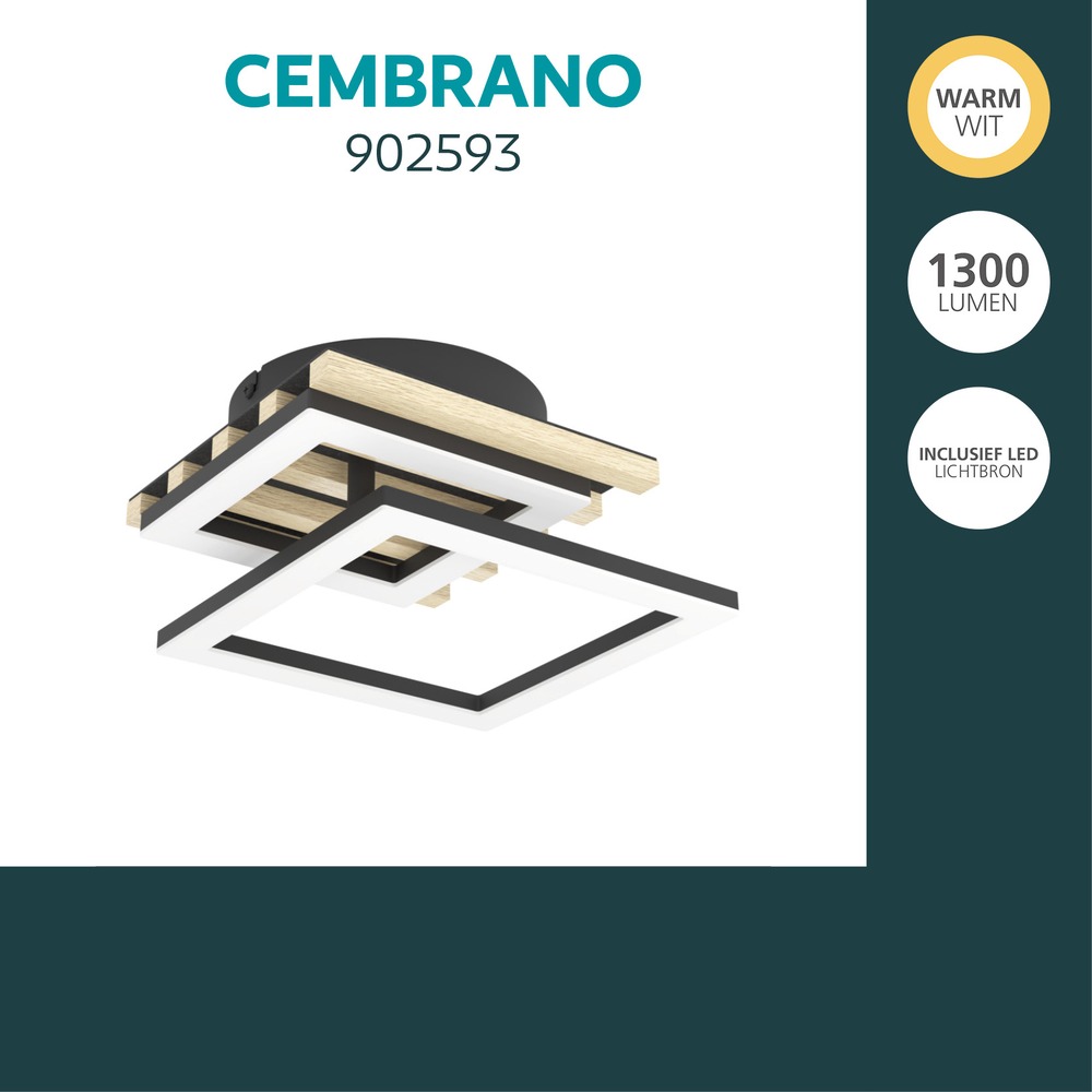 Moderne Deckenlampe Cembrano Schwarz mit Holzquadrat 34 cm Eglo 9008606388189