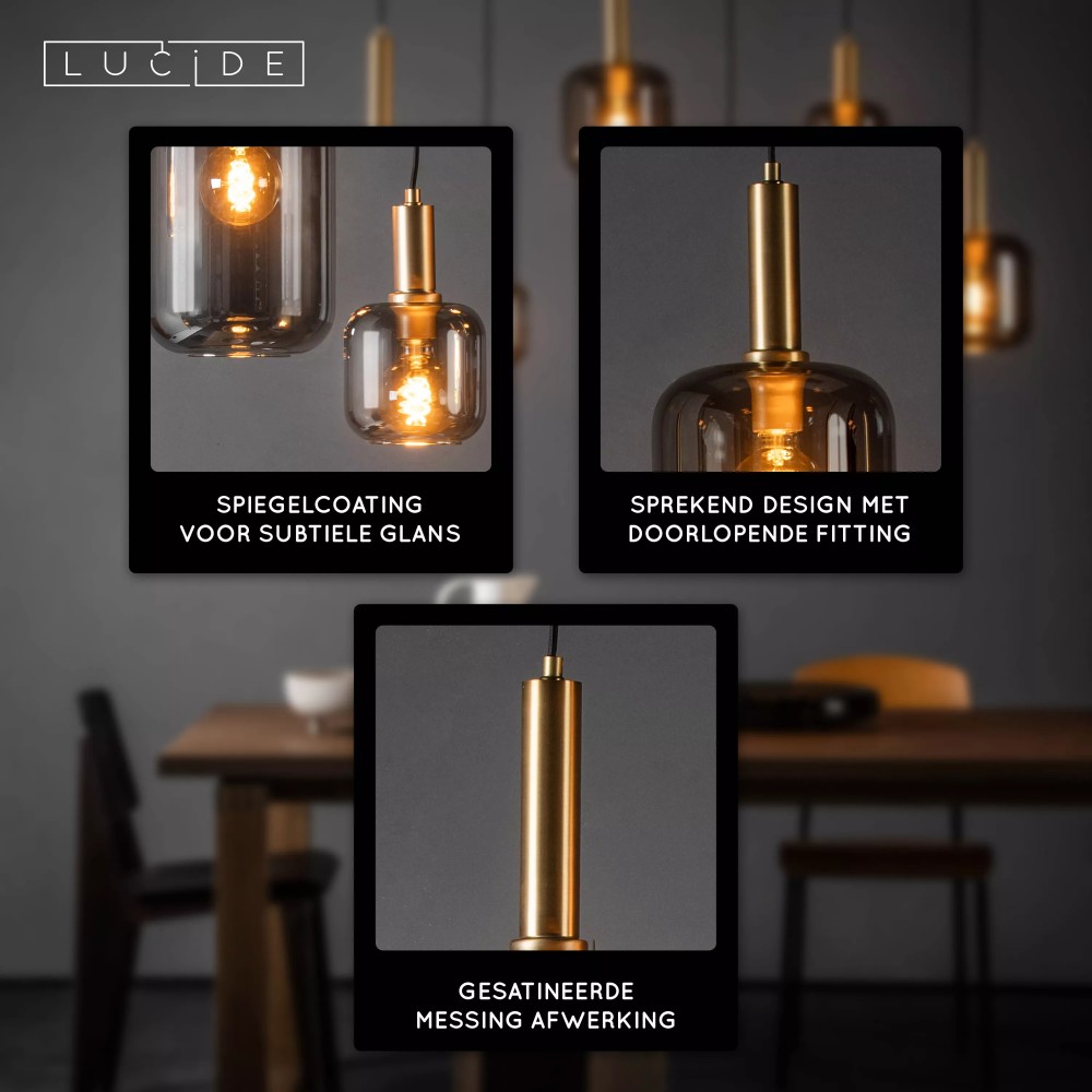 6-Licht Pendellampe Joanet Glattes Gold mit Rauchglas Lucide 5411212451446