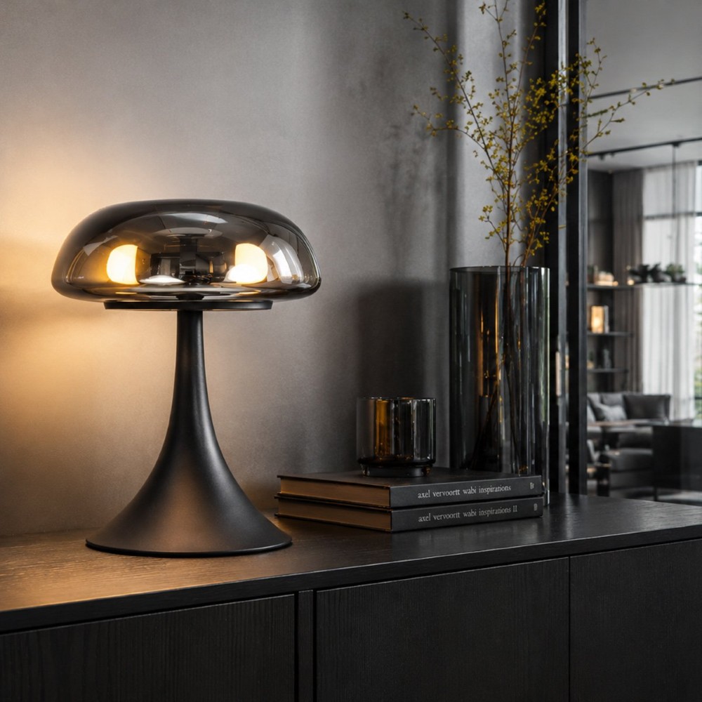Tischlampe Ancilla Schwarz mit Rauchglas