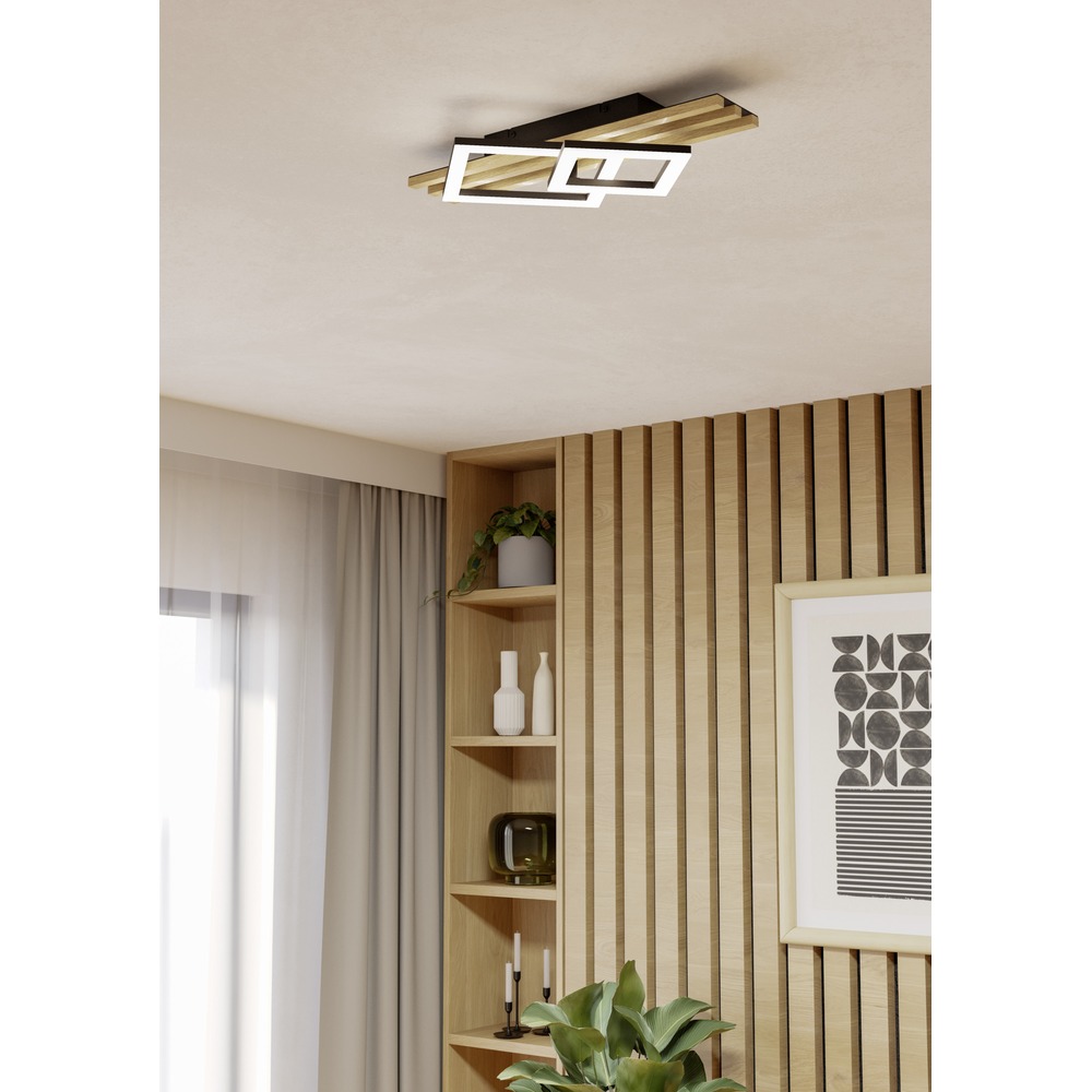 Moderne Deckenlampe Cembrano Schwarz mit Holzquadrat 50 cm Eglo 9008606388196