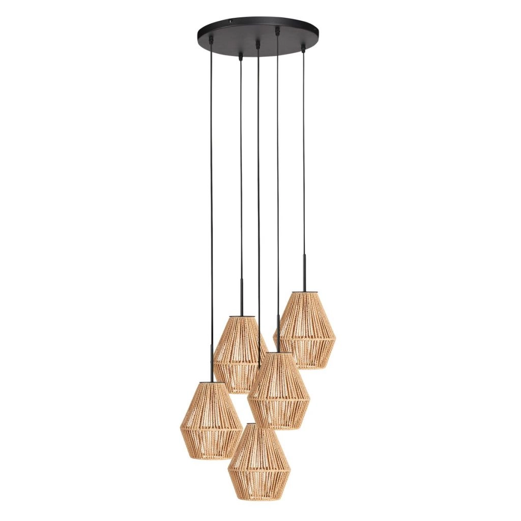 Pendellampe 5-Leuchten Ropex mit Rattanhauben