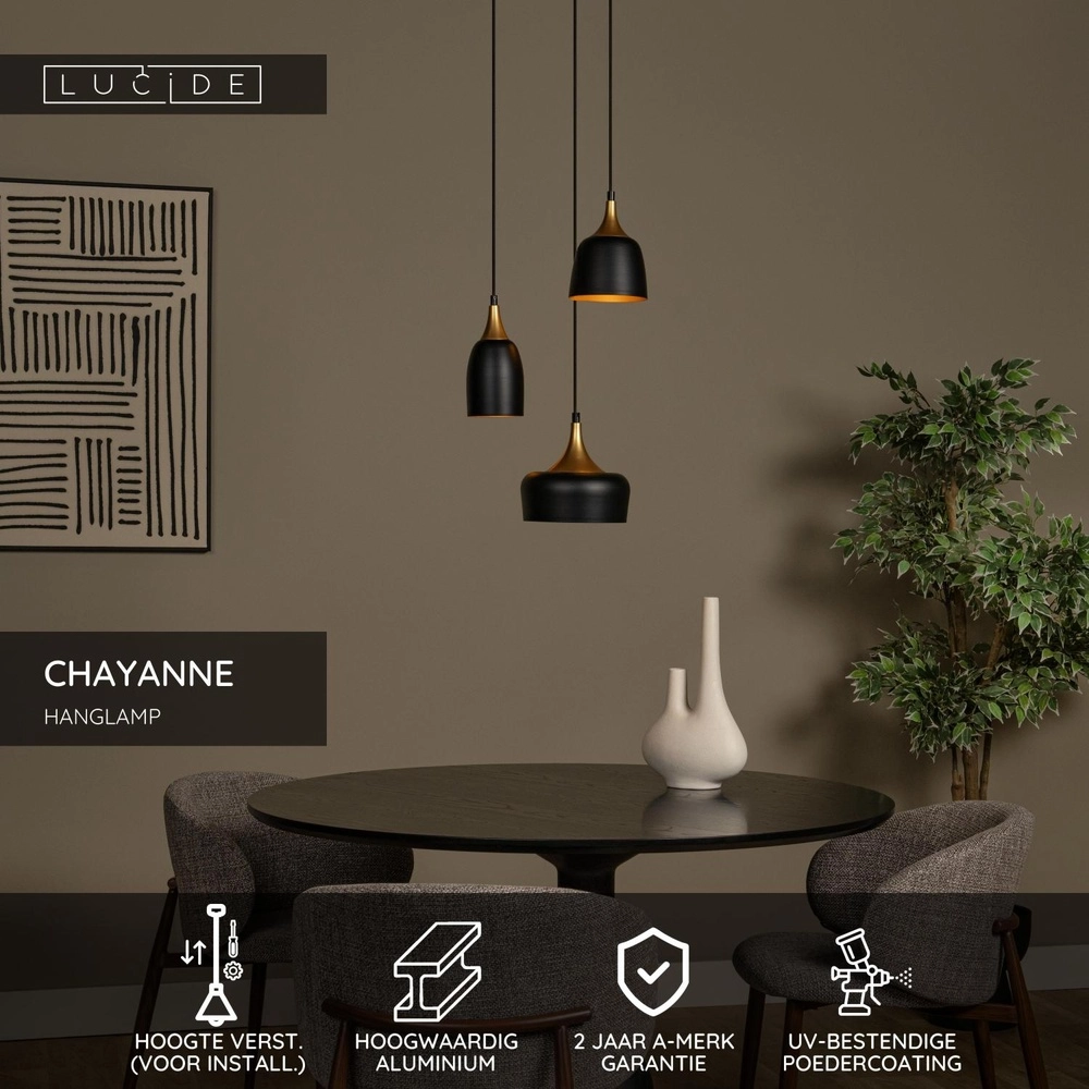 3-Licht Pendellampe Chayanne Design Schwarz mit Gold Lucide 5411212051561