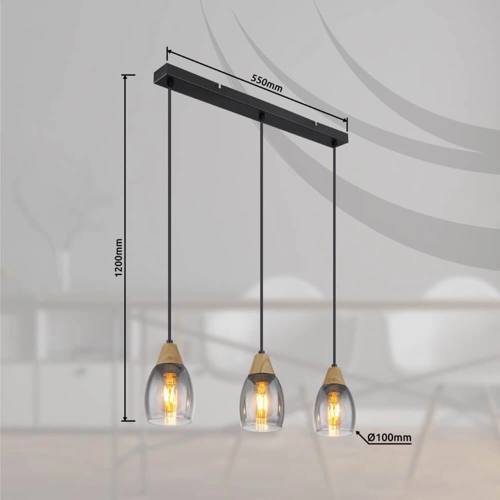 Hängelampe mit 3 Leuchten Reid Rauchglas Globo 9007371441730