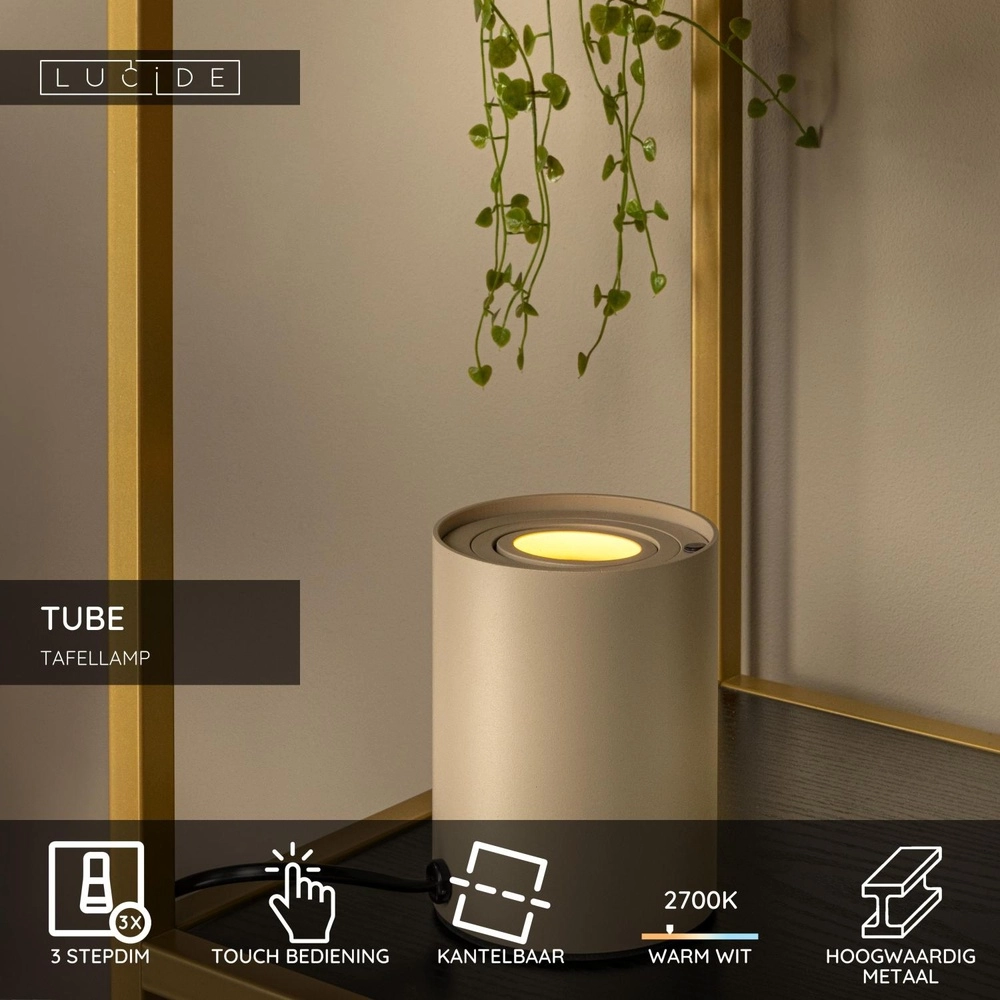 Design-Tischlampe Tube taupe Lucide 5411212221926