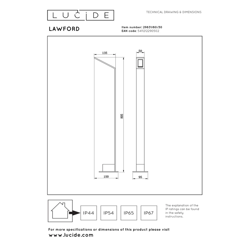 Design-Gartenlampe Lawford 80,5 cm schwarz Lucide 5411212290502