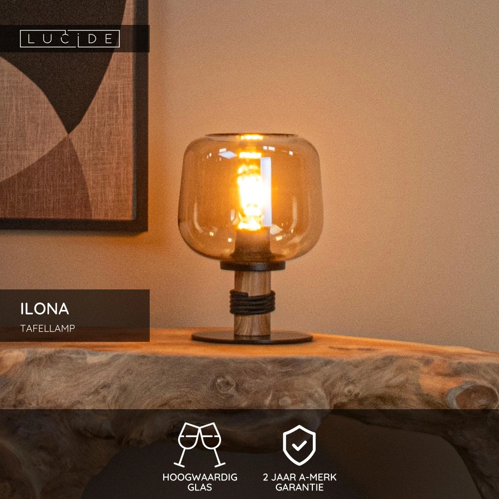 Tischlampe Ilona schwarz mit bernsteinfarbenem Glas Lucide 5411212452696