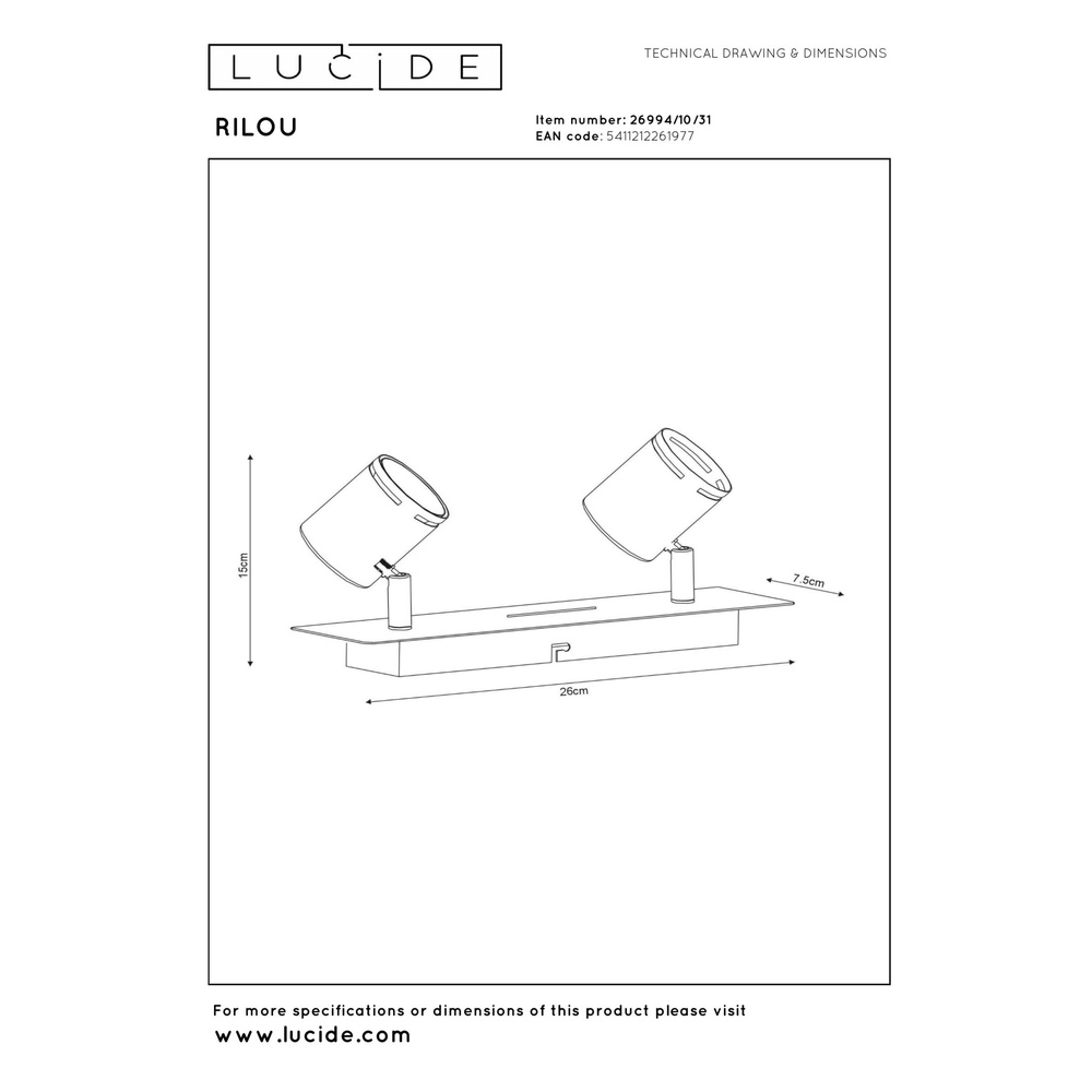 Deckenscheinwerfer Rilou 2-Licht-dimmbares Weiß Lucide 5411212261977