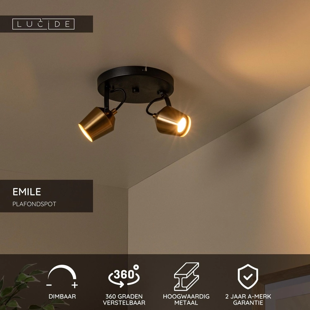 2-Licht Deckenlampe Emile Schwarz mit Gold Lucide 5411212510082