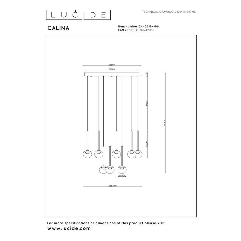 Pendellampe Calina 12-Licht mit bernsteinfarbenen Kugeln Premium by Lucide 5411212242051