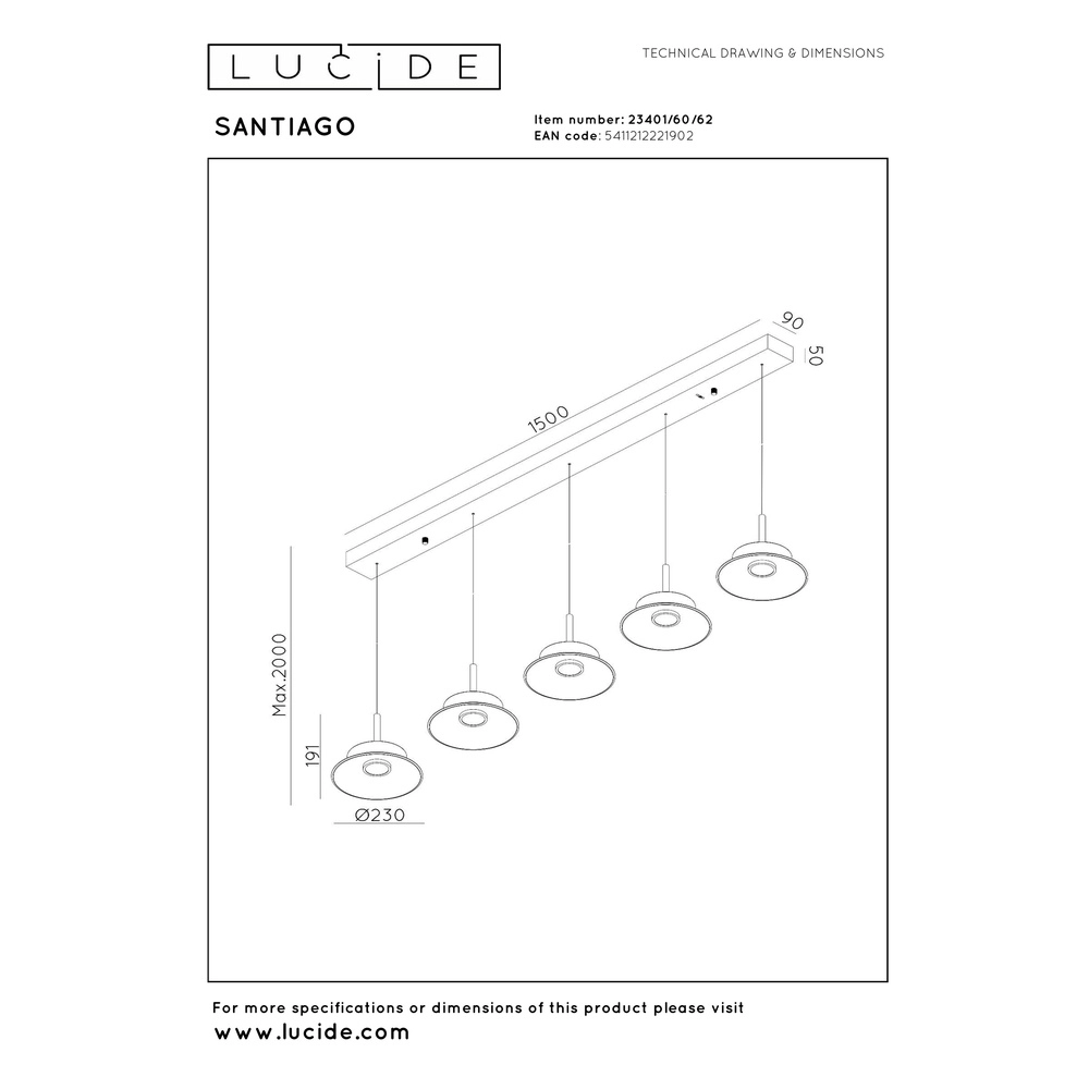 Essaal-Pendellampe Santiago LED – Champagner – 5x Ø 23 cm Premium by Lucide 5411212221902
