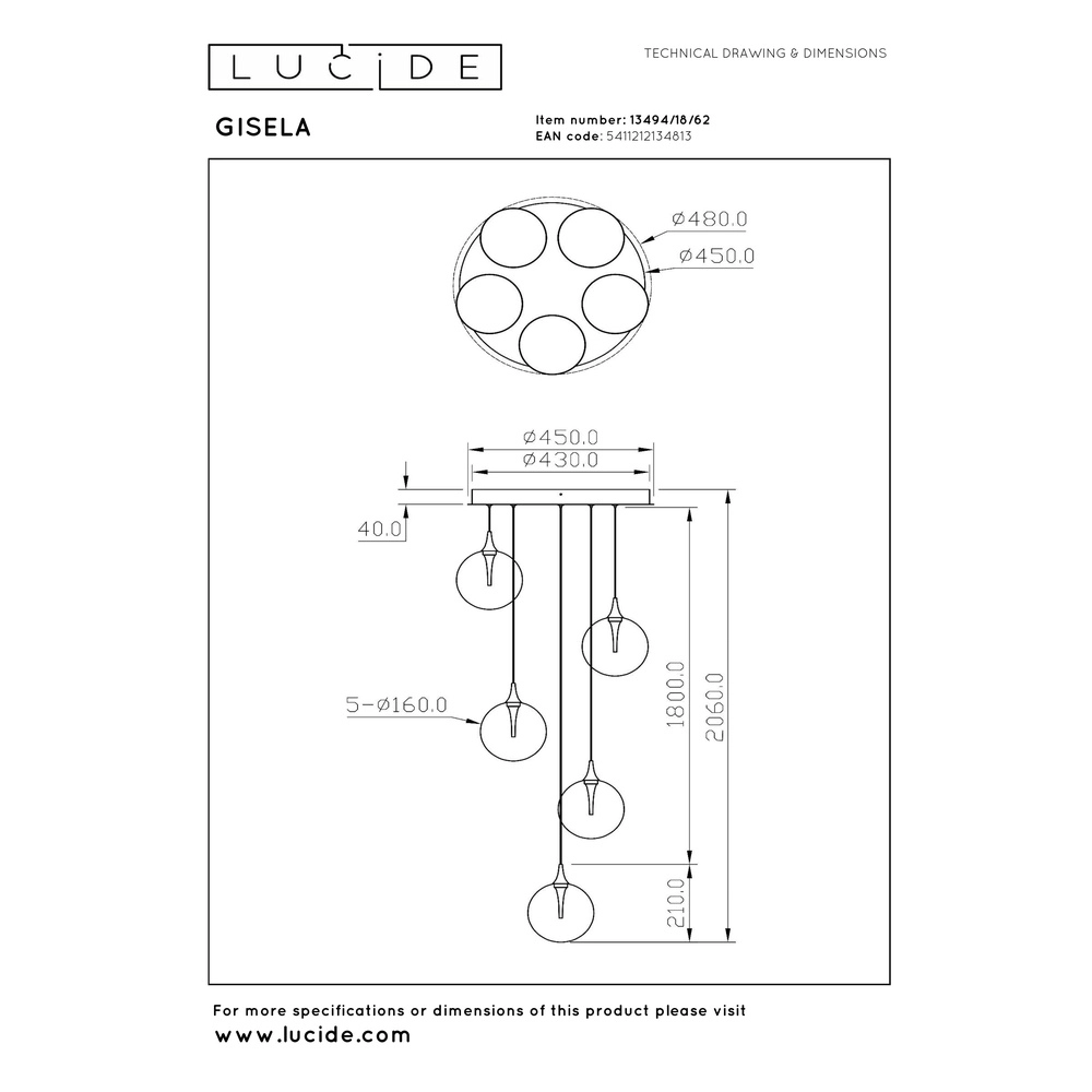 Design-LED-Pendelleuchten Gisela Fading – 5x Ø 16 cm Premium by Lucide 5411212134813