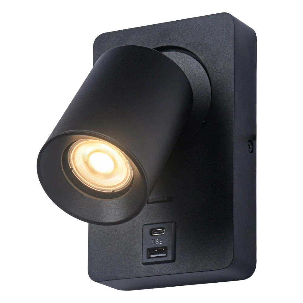 Nachttischlampe Megano USB schwarz mit USB-A und USB-C