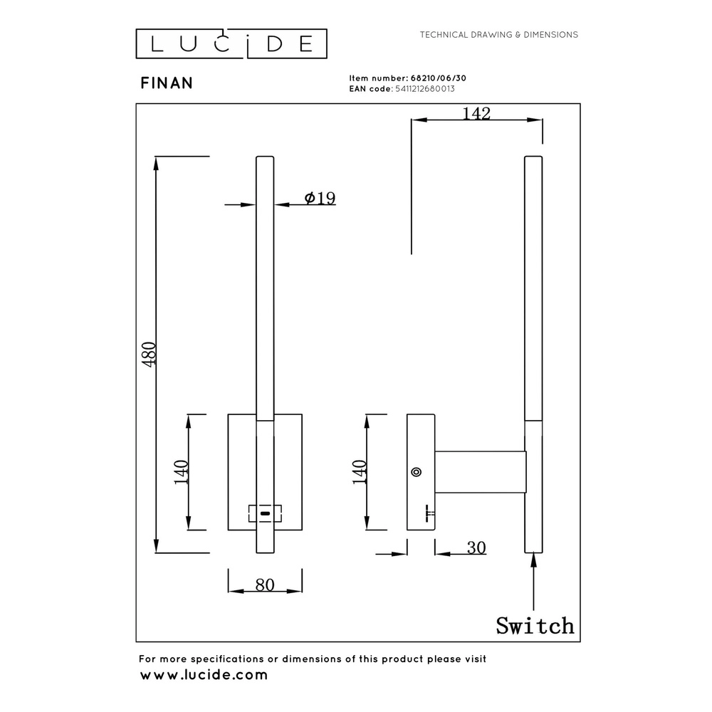 Design-Wandlampe Finan mit USB-Ladepunkt schwarz Lucide 5411212680013