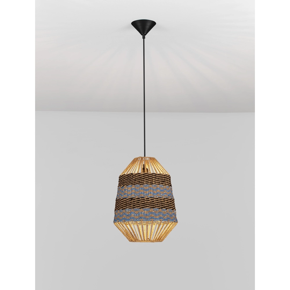 Rattan Pendelleuchte Copos Blau mit Braun