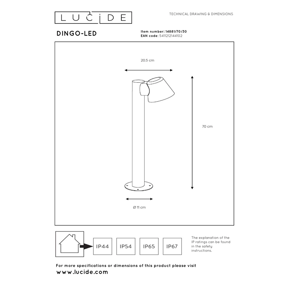 Gartenlampe Dingo-Led IP44-Anthrazit Lucide 5411212144102