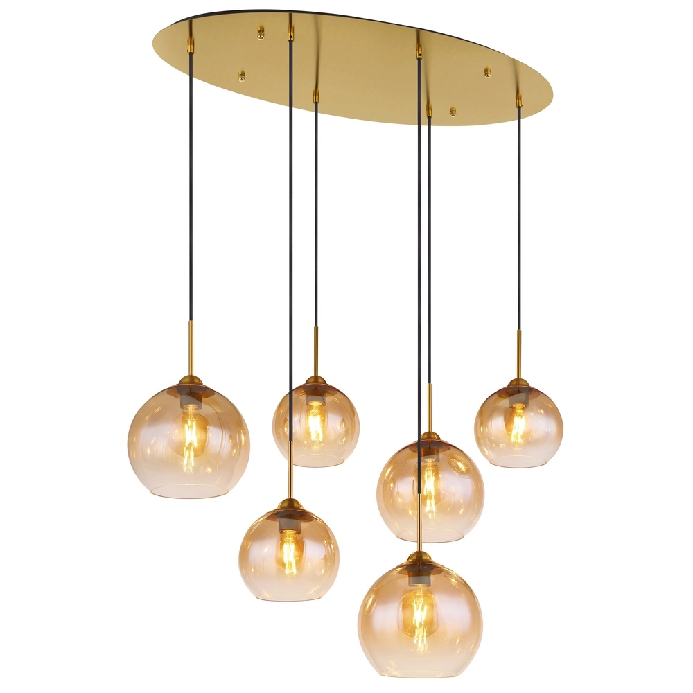 Goldene Pendellampe Jamessa 6-Licht mit bernsteinfarbenem Glas