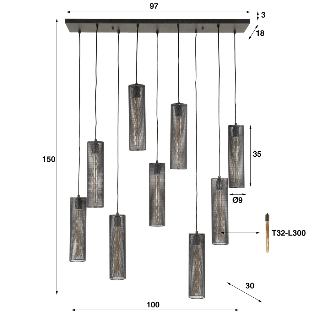 Rohr-Pendellampe Tube 9-Lichter - Arktisch Schwarz Lyora 8716803511545