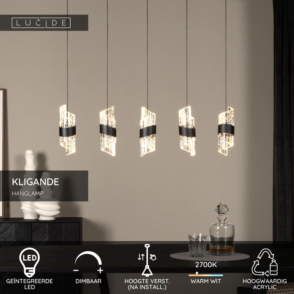 Design-Pendellampe Kligande 5-Licht-Schwarz-Gerade Lucide 5411212134653