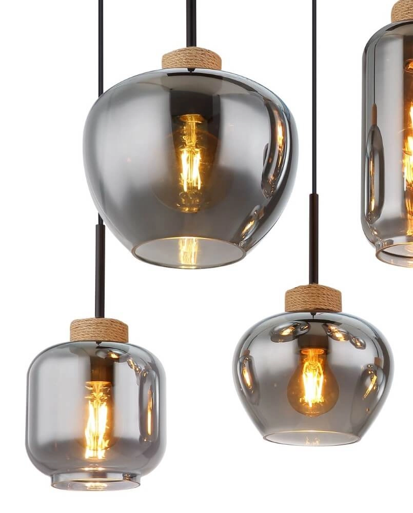 Hängelampe mit 6 Leuchten Matt schwarz mit Holz Globo 9007371441518