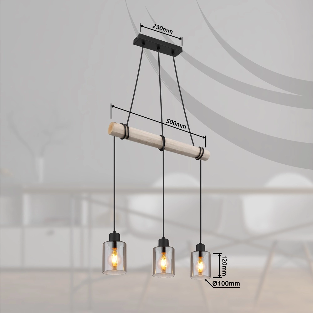 3-Licht Pendellampe Hadera Schwarz mit Rauchglas Globo 9007371438419