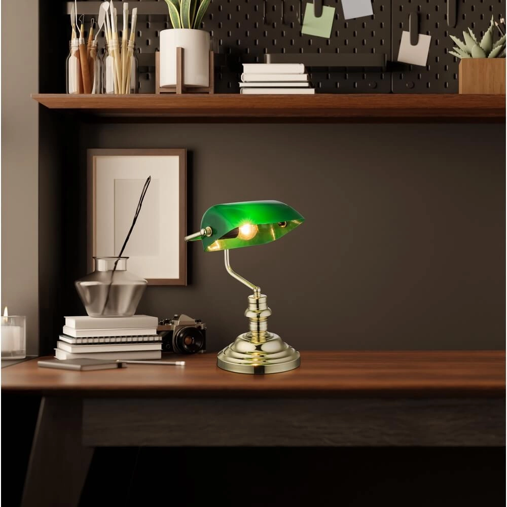 Klassische Schreibtischlampe Antique Nickel mit grünem Glas Globo 9007371329120