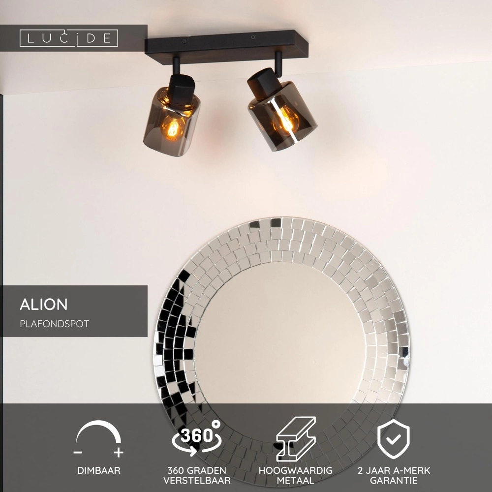 Deckenlampe Alion 2-Licht Schwarz mit Rauchglas Lucide 5411212176998