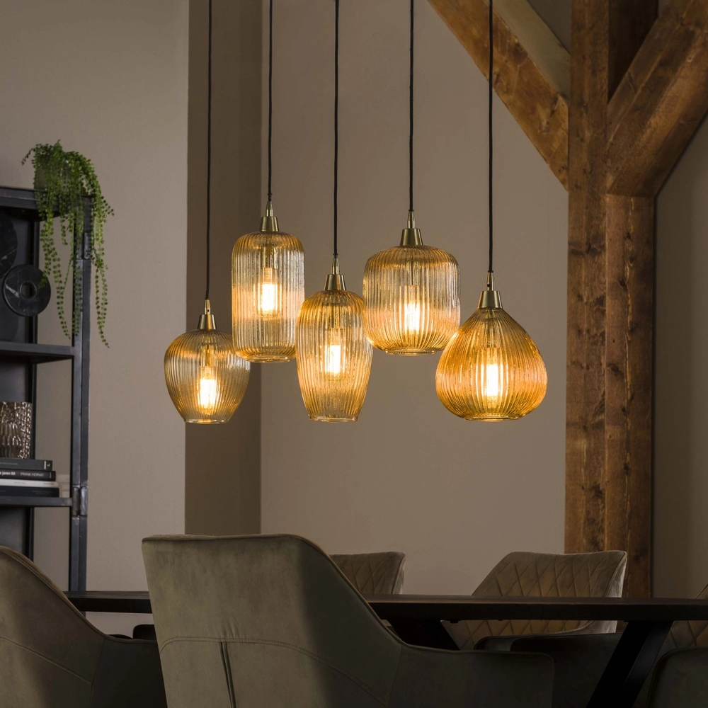 5-Licht Glas-Pendellicht Stripe mit Bernsteinglas