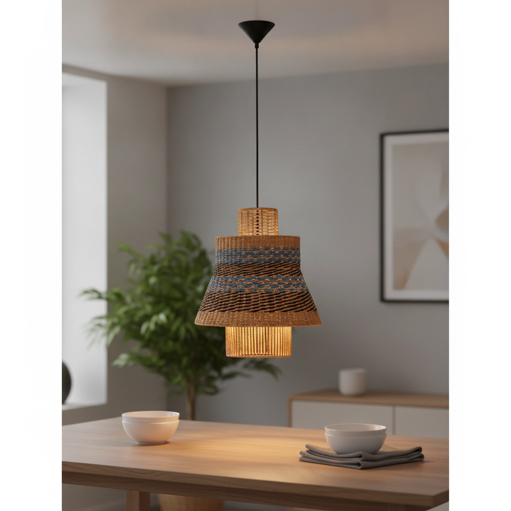 Rattan Pendelleuchte Mande Blau mit Braun