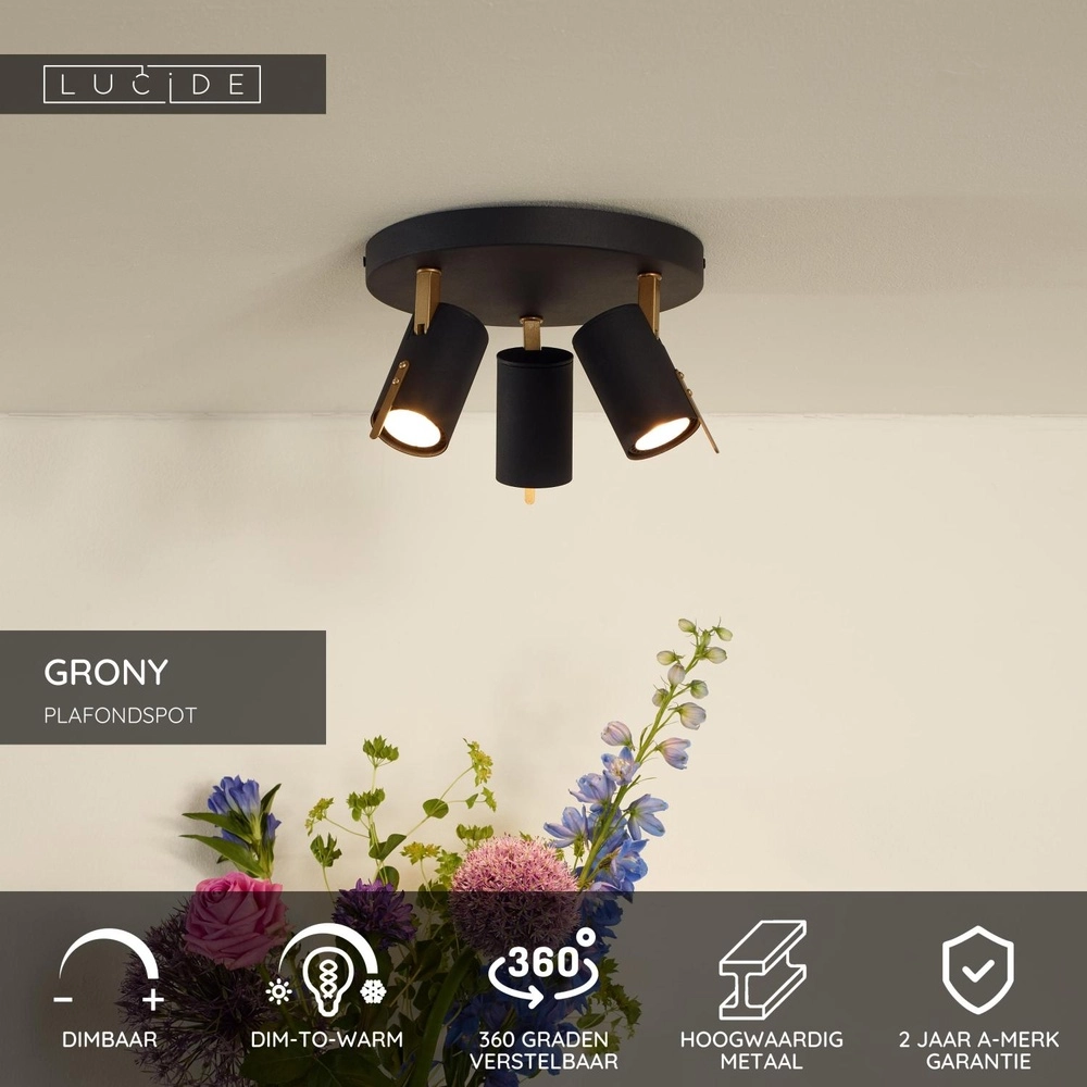 Deckenlampe Grony 3-Licht Schwarz Lucide 5411212176912