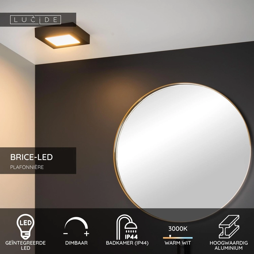 Deckenlicht Brice-Led 16,8 cm Quadrat IP44 Schwarz Lucide 5411212281258