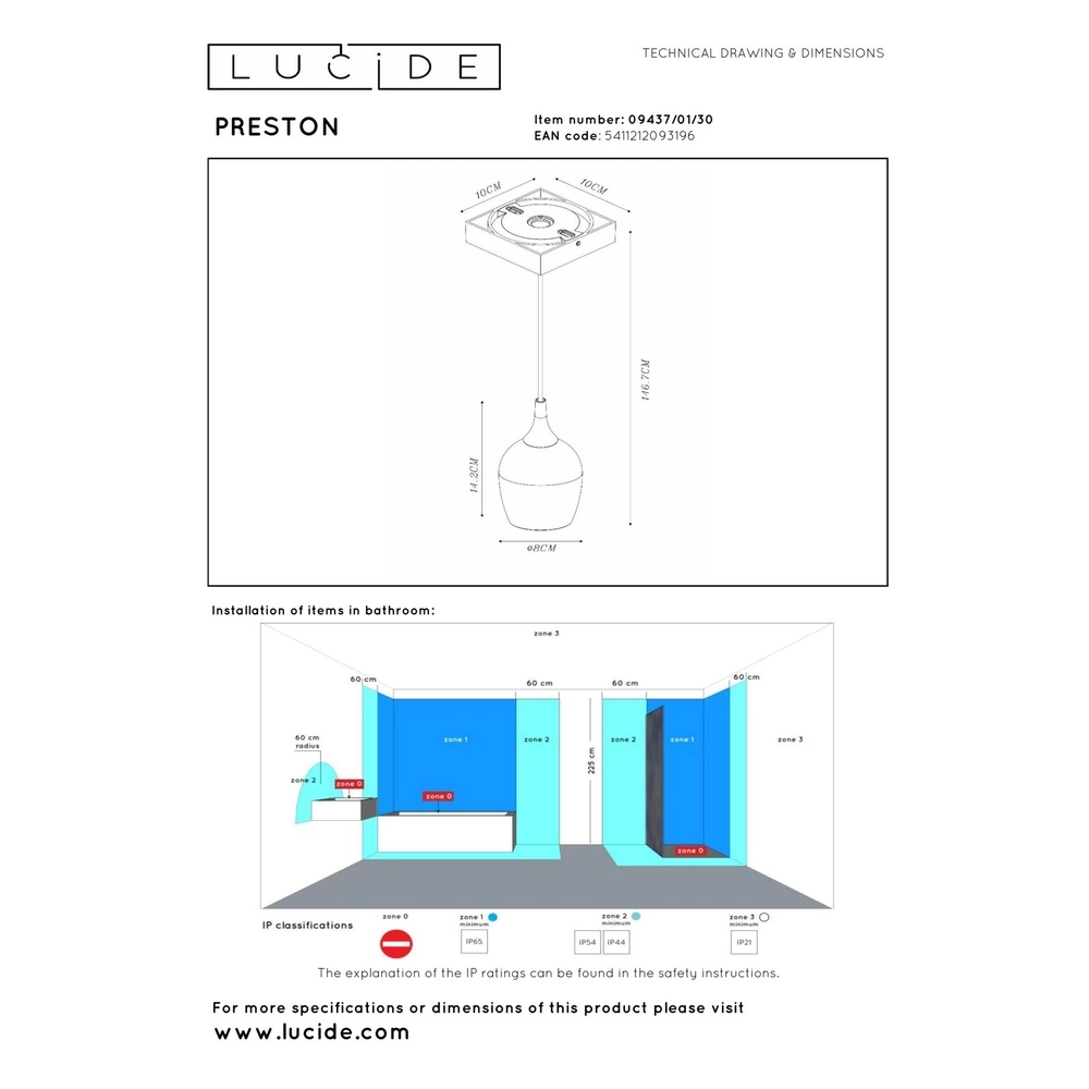 Pendellampe Preston schwarzes IP44 Lucide 5411212093196