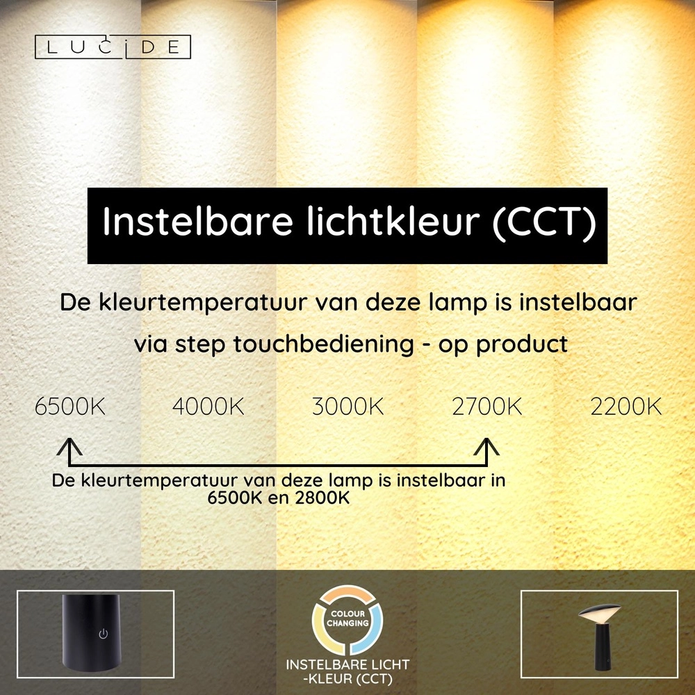 Wiederaufladbare Tischlampe Jive IP44 Schwarzlichtfarbe verstellbar Lucide 5411212021960