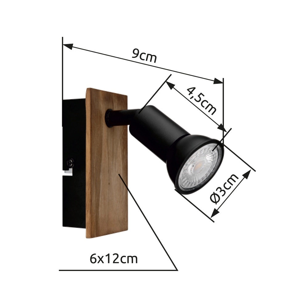 Oberflächenmontierter Spot Drew Schwarz mit Holz Globo 9007371442775