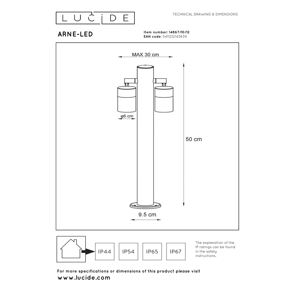 Gartenlampe Arne-Led 2-Licht Chrom Lucide 5411212143839