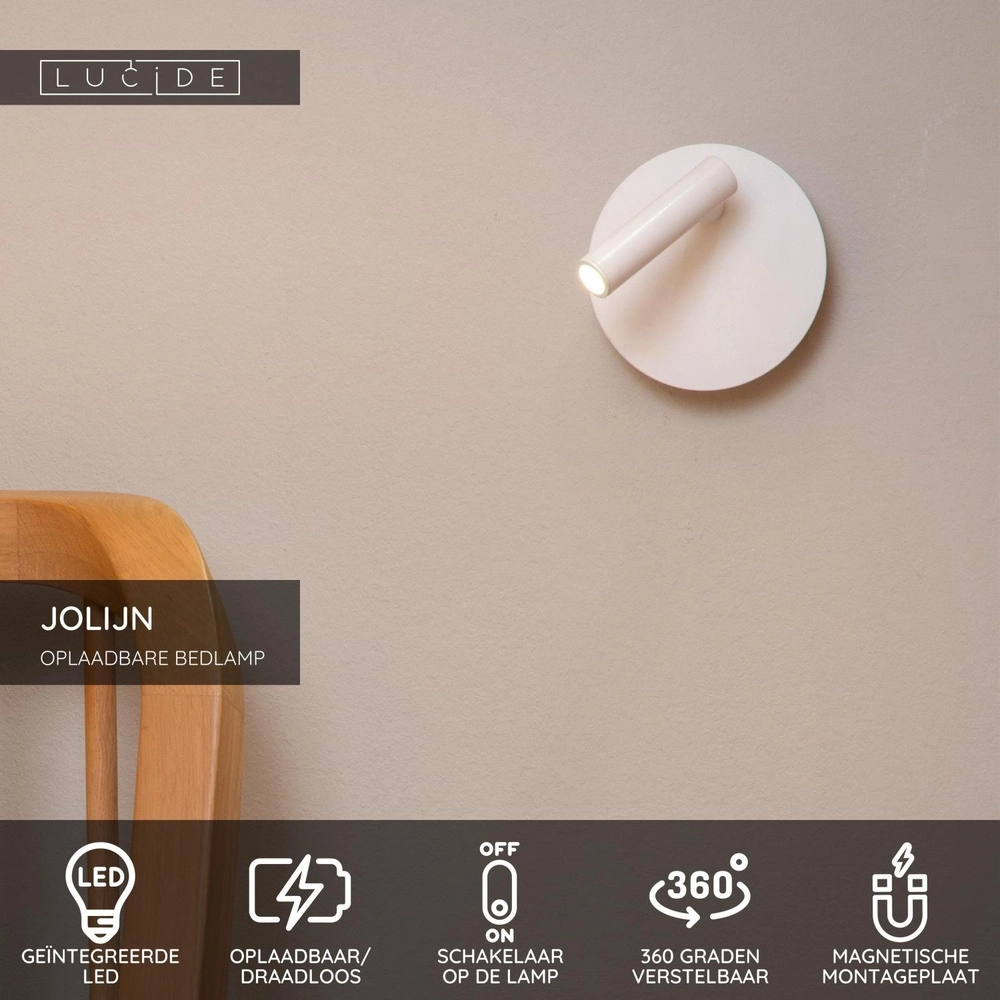 Magnetische Wandlampe Jolijn Wiederaufladbare weiße Nachttischlampe Lucide 5411212772367