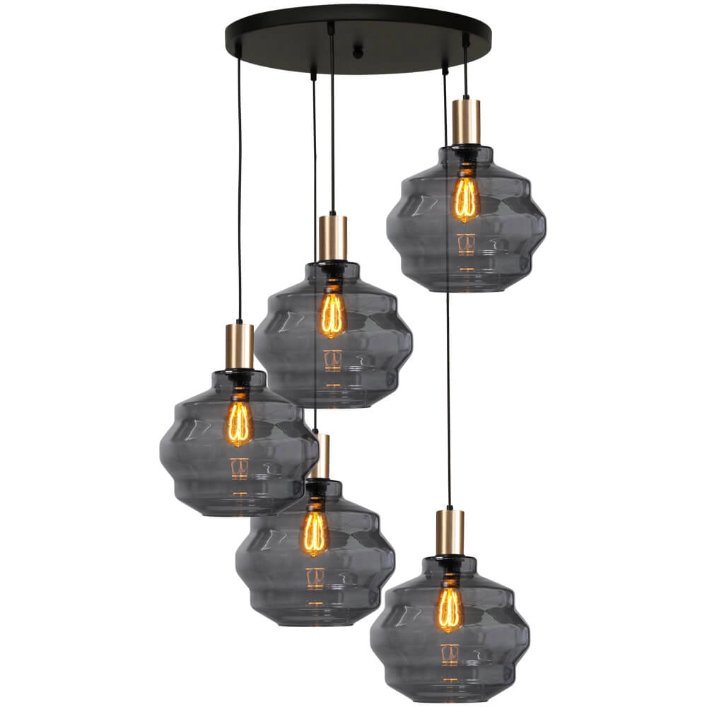 5-flammige Loft-Hängelampe - Gold - Porto mit Kugelrauchgläsern - Ø 30cm