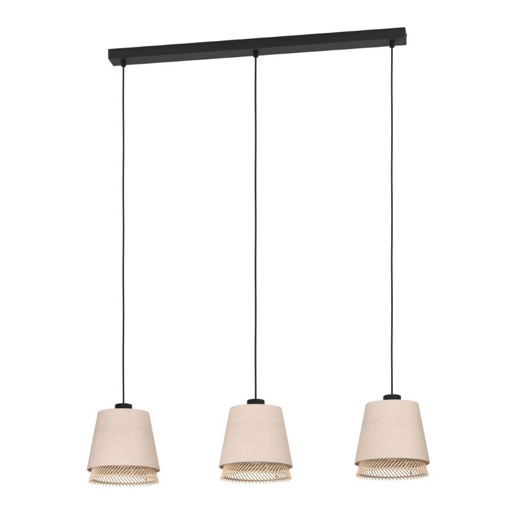 Hängelampe mit 3 Leuchten Tabley Leinen mit Rattan