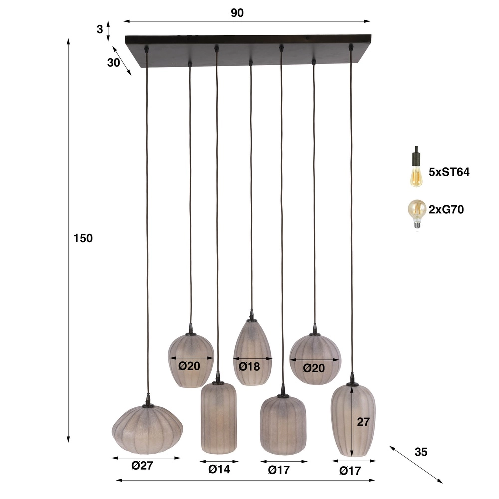 7-Licht Pendellampe Altura Sienabraun mit mattiertem Glas Lyora 8716803514874