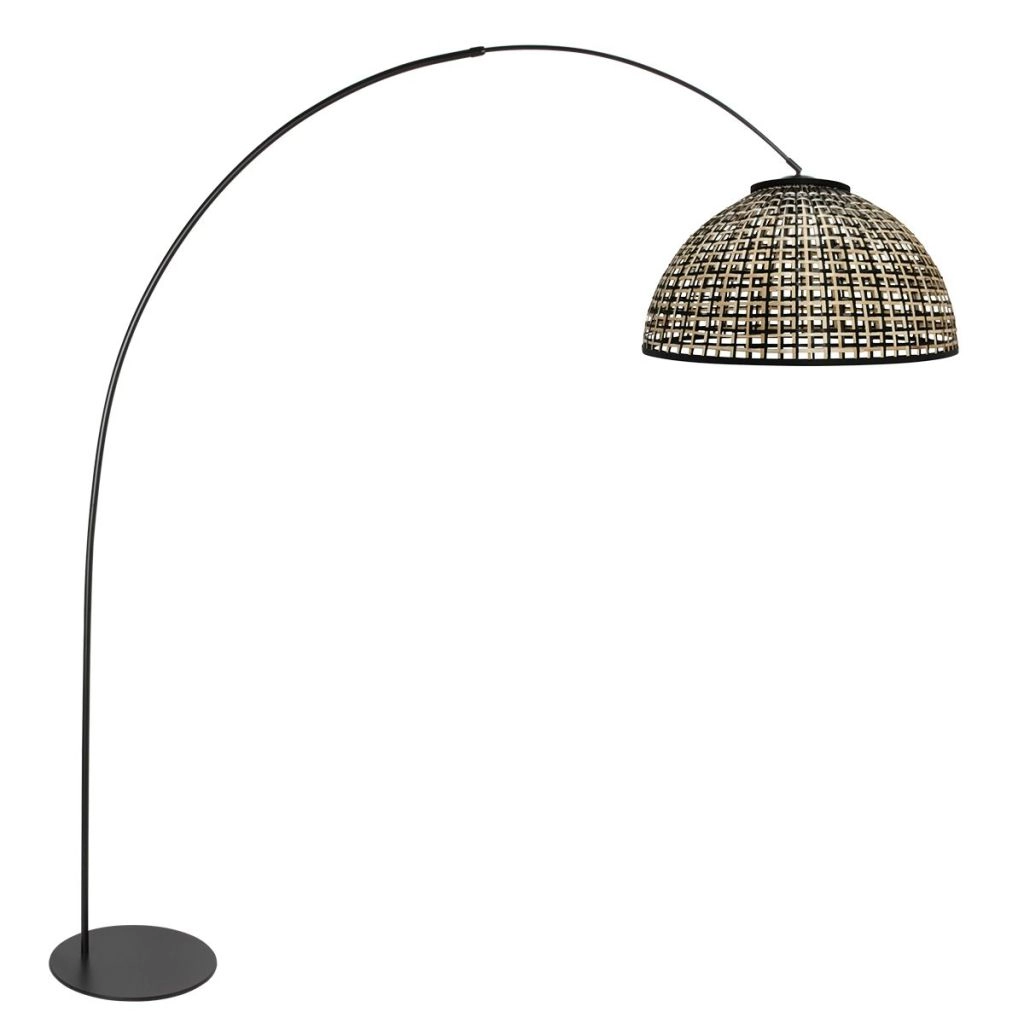 Schwarze Bogenlampe Curve mit Bambusschatten Ø60 cm