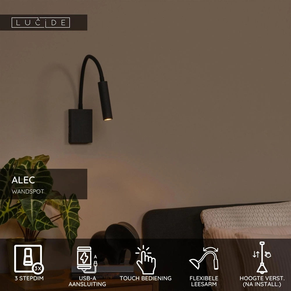Nachttischlampe Alec schwarz mit USB-Anschluss Lucide 5411212031952