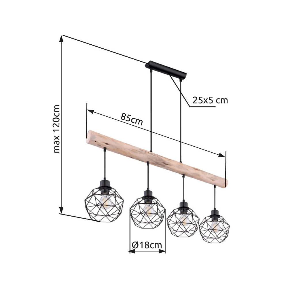 4-Licht Esstischlampe Theodor Schwarz mit Holz Globo 9007371400676