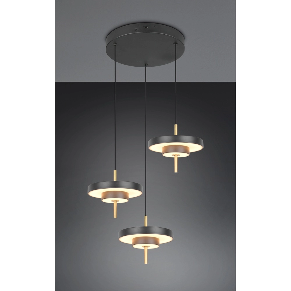 3-flammige Pendelleuchte Keaton Rundes Schwarz mit Gold