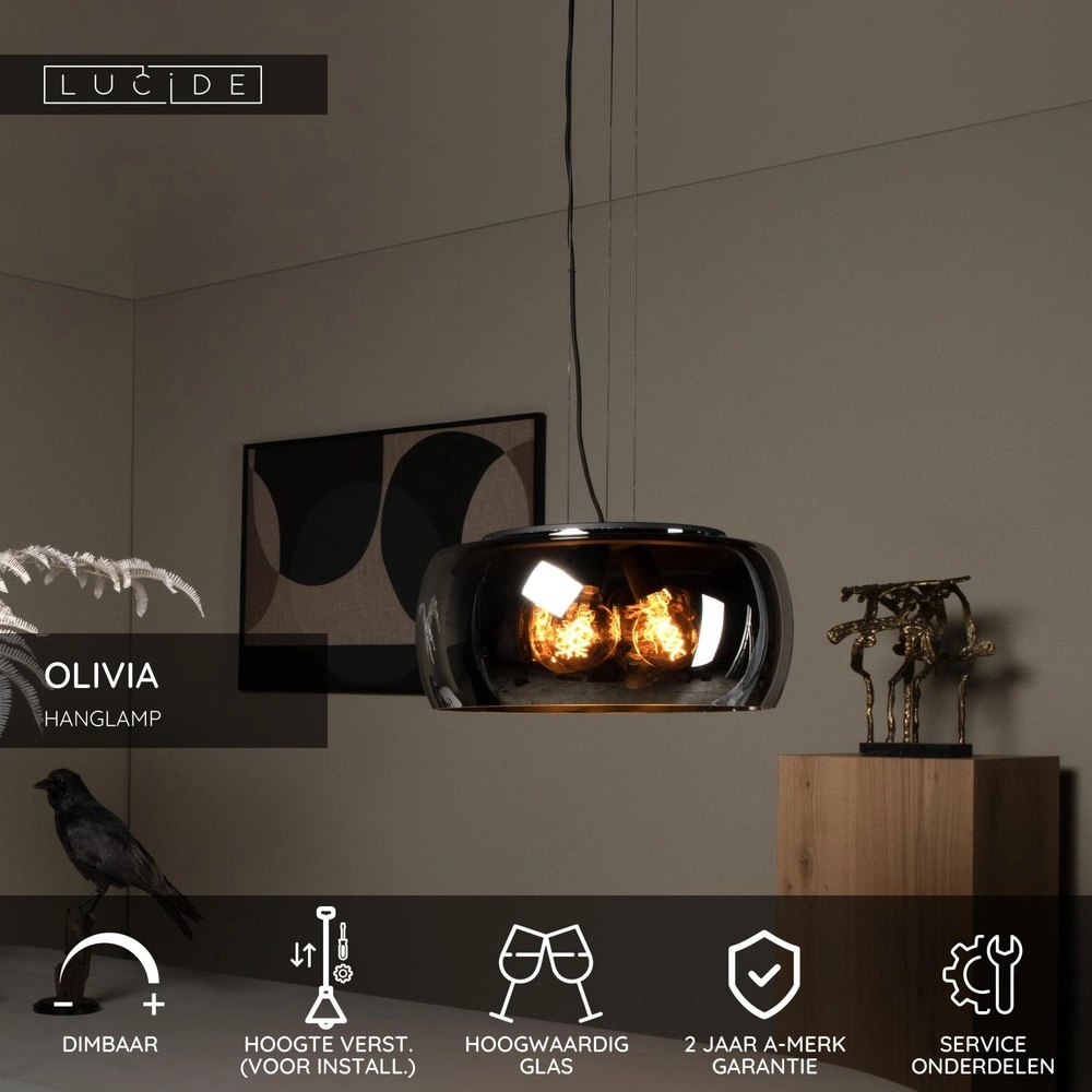 Design-Pendellampe Olivia Ø 50 cm schwarz mit Rauchglas Lucide 5411212452108