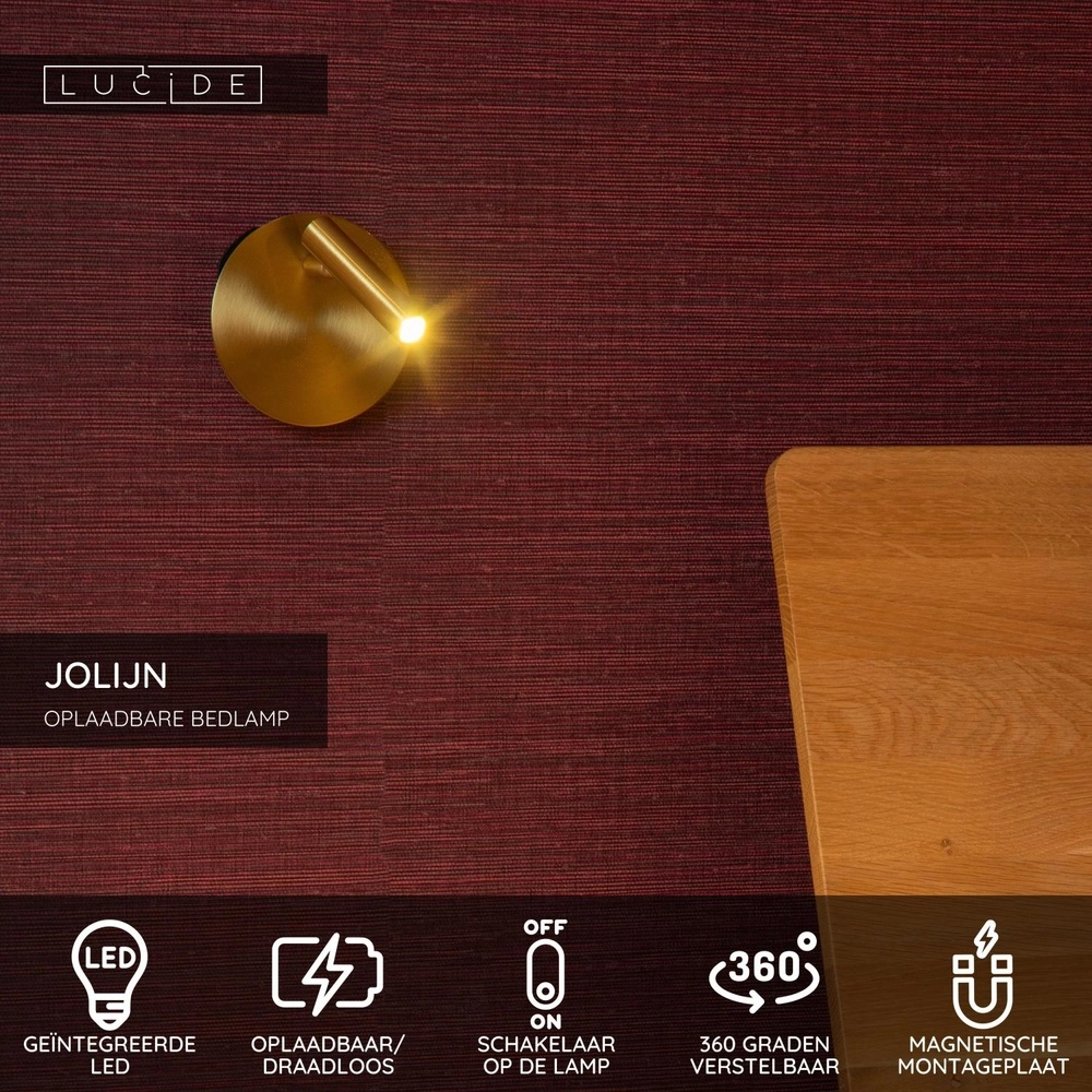 Magnetische Wandlampe Jolijn Wiederaufladbare goldene Nachttischlampe Lucide 5411212771346