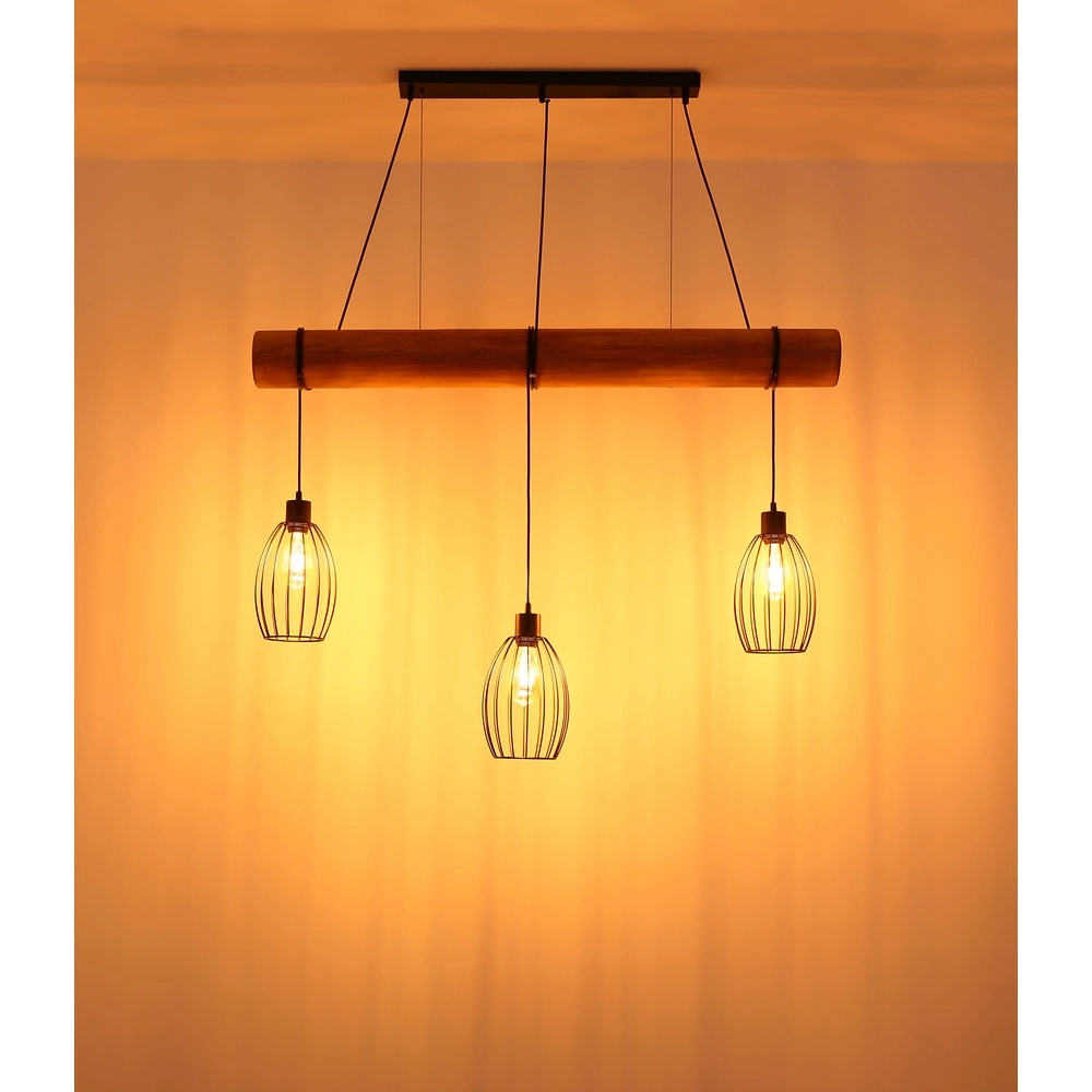 Land-Pendellampe Berti 3-Licht Holz mit Schwarz Globo 9007371583331