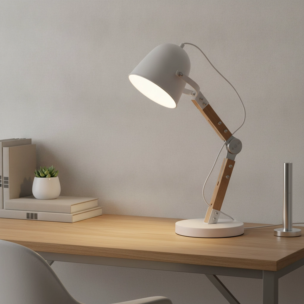 Ländliche Schreibtischlampe Cooper weiß mit Holz