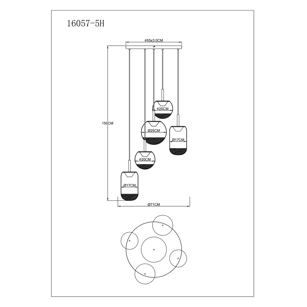 Design-Pendellampe Severin 5-Licht Schwarz mit bernsteinfarbenem Glas Globo 9007371537945